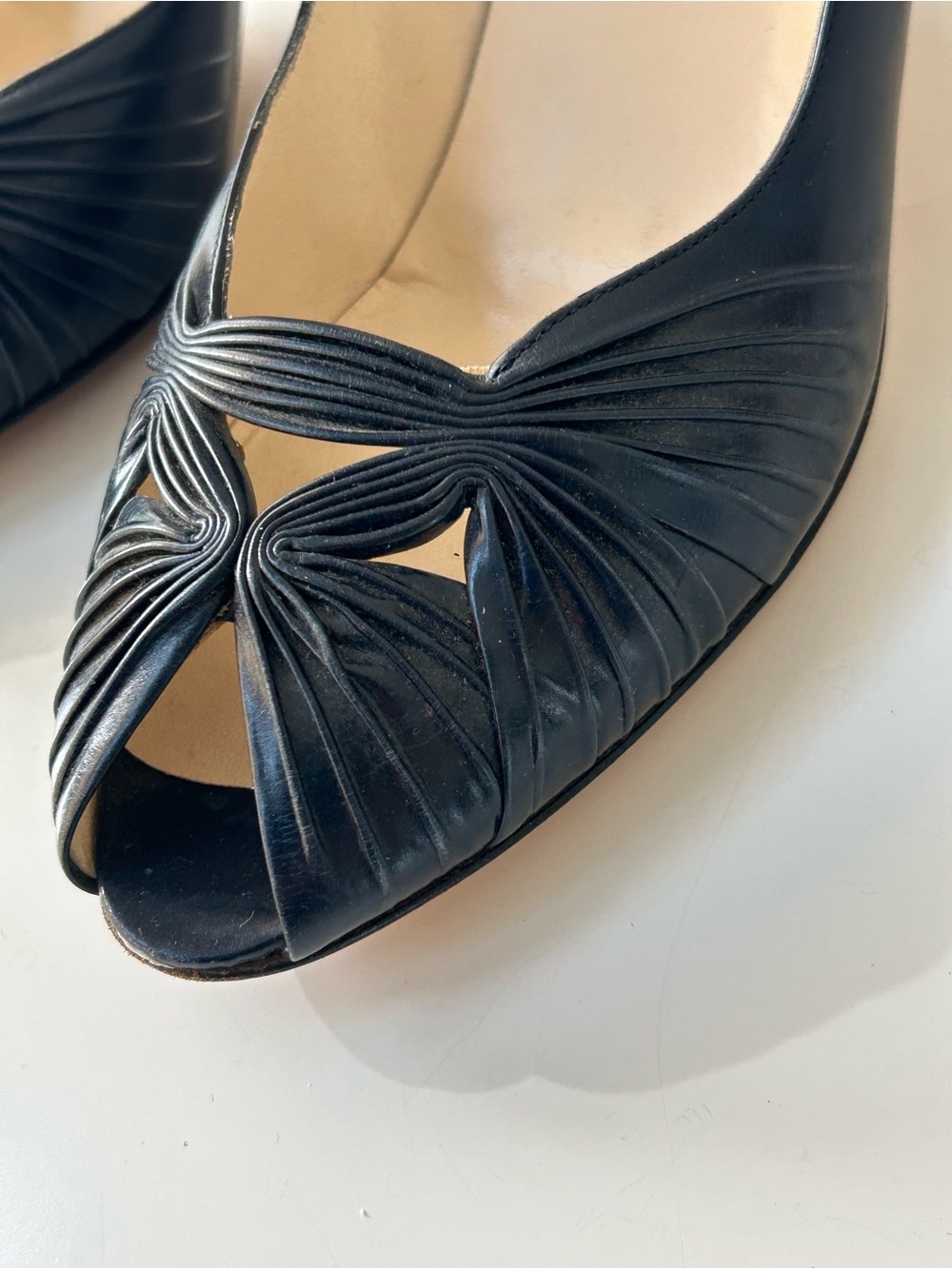Vintage Peep-Toe Navy Blue Kitten Heel; Crafted Leather Ruching; Made In Italy